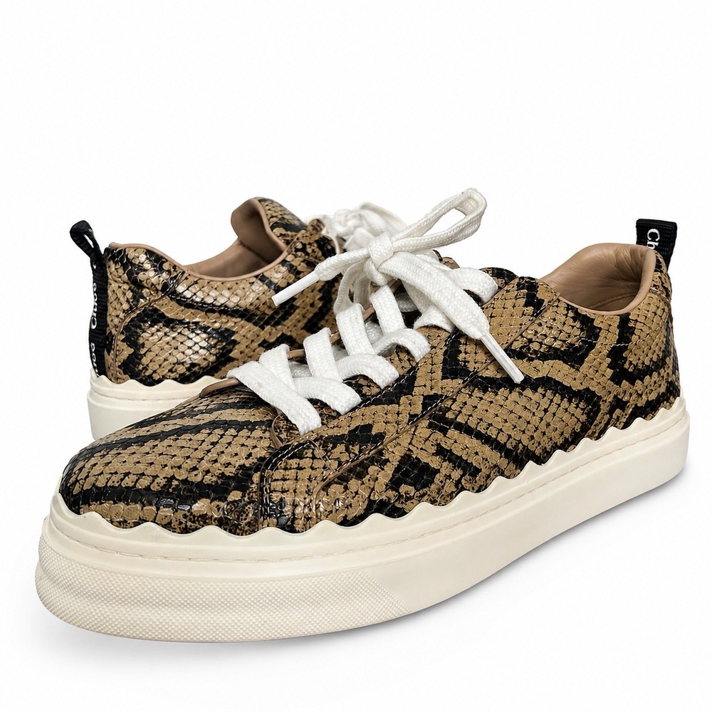 Chloe Lauren‎ Snakeskin Embossed Leather Scalloped Low Top Sneakers Brown 38